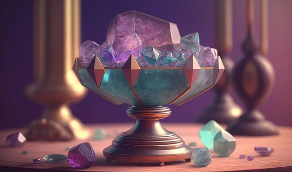 a table with a glass bowl filled with crystals on top of it.