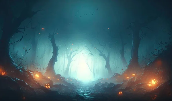 a painting of a dark forest with pumpkins on the ground.