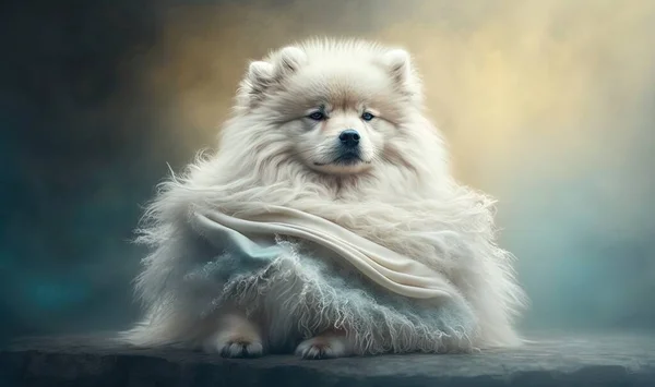 a fluffy white dog with a blanket on its back sitting on a table.