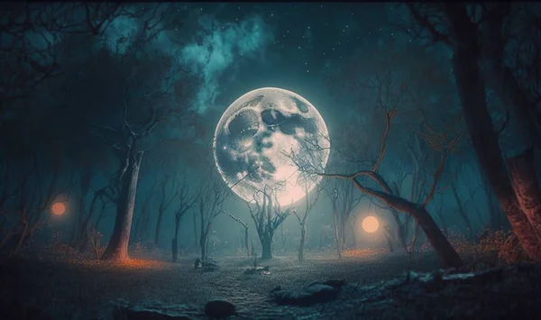 a painting of a full moon in a forest with trees.
