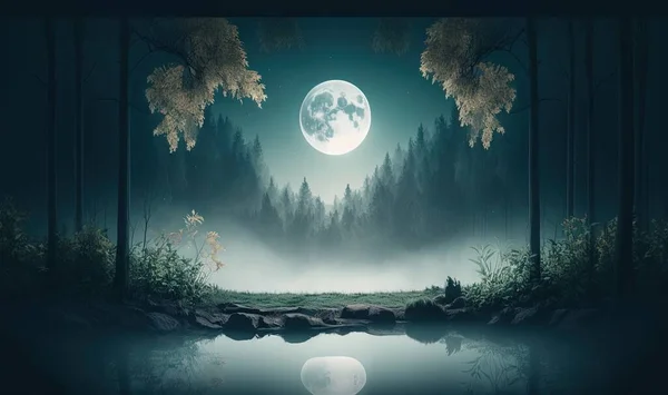 a painting of a forest with a full moon in the sky.