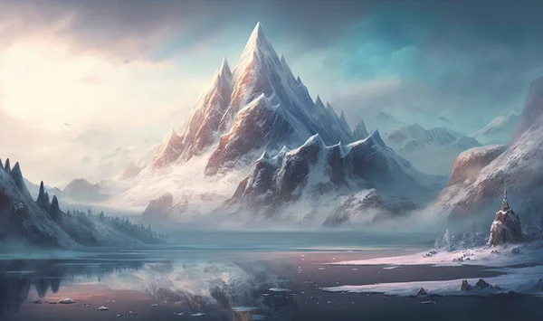 a painting of a snowy mountain range with a lake in the foreground.