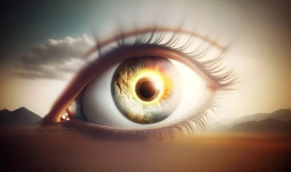 a close up of an eye with a sky in the background.