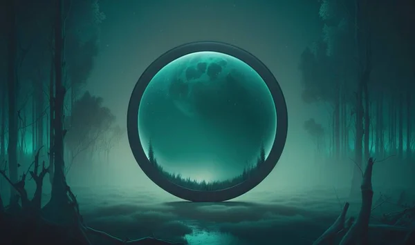 a painting of a forest with a large blue ball in the middle of it.