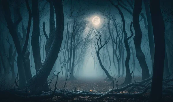 a dark forest with a full moon in the sky above.