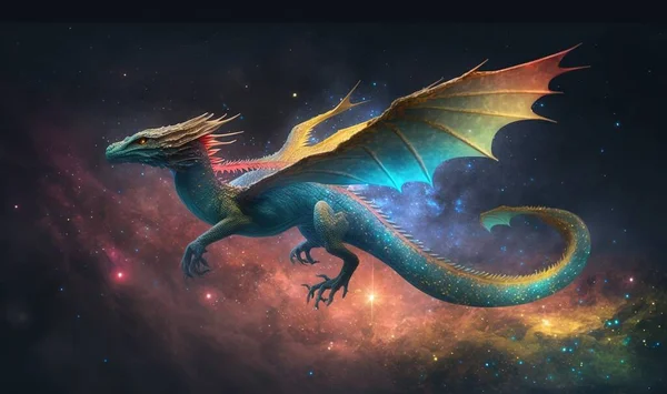 a blue and yellow dragon flying through a galaxy filled sky.