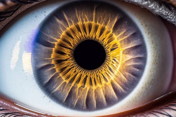 a close up of a human eye with a yellow iris.
