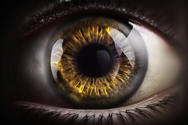a close up of an eye with yellow iris and black background.