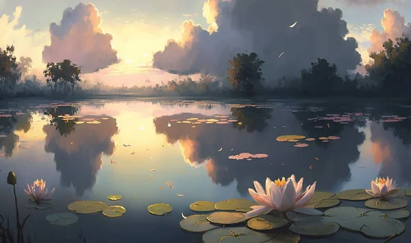 a painting of a pond with lily pads and a sunset in the background.