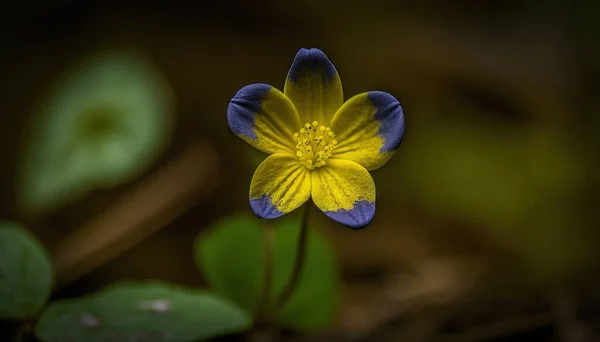a small yellow and blue flower with green leaves in the background and a blurry background of leaves in the foreground, with a single blue and yellow flower in the foreground.