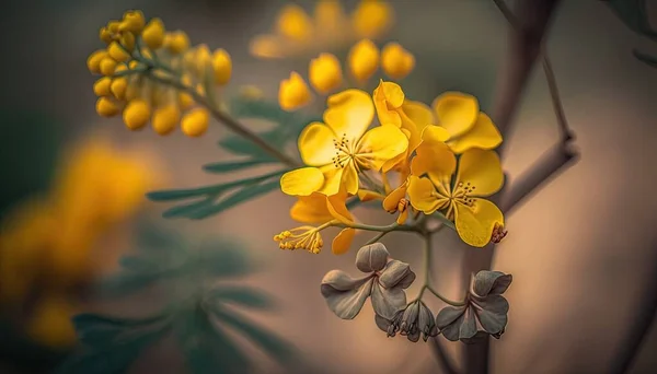 a close up of a yellow flower on a branch with other flowers in the back ground and a blurry back ground behind the branch.