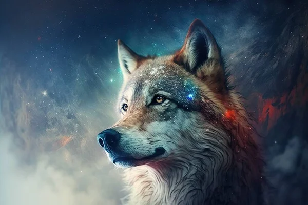 a wolf with blue eyes and a red nose in the night sky with stars and clouds around it, with a bright glow on its eyes.