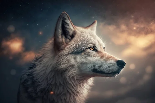 a white wolf is staring into the distance in the night sky with stars in the background and clouds in the sky above it is a full moon.