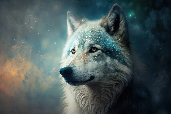 a white wolf with blue eyes stares into the distance with a dark background and stars in the sky behind it, while the wolf stares into the distance.