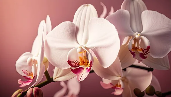 a group of white and pink orchids on a pink background with a pink background behind them and a pink background behind them with a pink background.