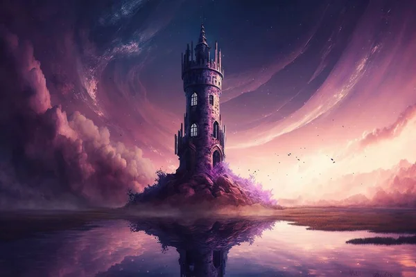 a castle in the middle of a body of water with a purple sky in the background and clouds in the sky, and a reflection in the water.
