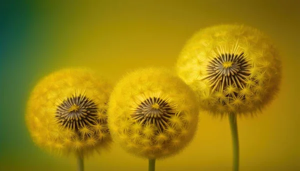 three yellow dandelions with a green background in the foreground and a yellow background in the back ground, with a green back ground.