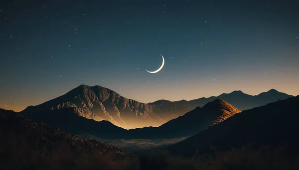a crescent is seen in the sky over a mountain range at night with a crescent in the sky above the mountains and a crescent in the sky.
