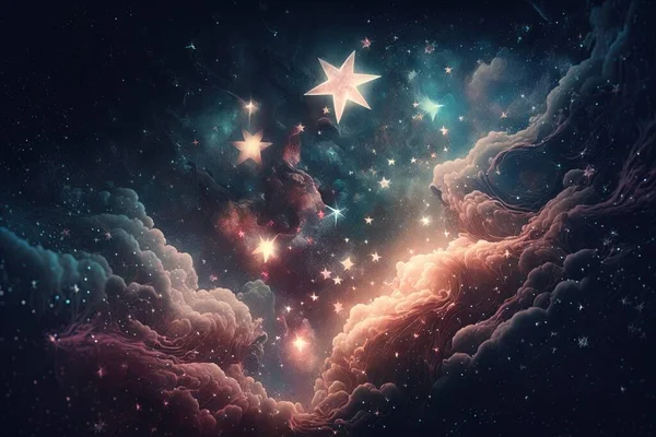 a star filled sky with clouds and stars in the middle of the night sky, with stars in the middle of the night sky, and in the middle of the middle of the night.