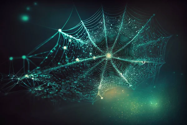 a spider web is shown in the middle of a dark background with stars and dots on the center of the web, and the spider web is glowing in the center of the web.