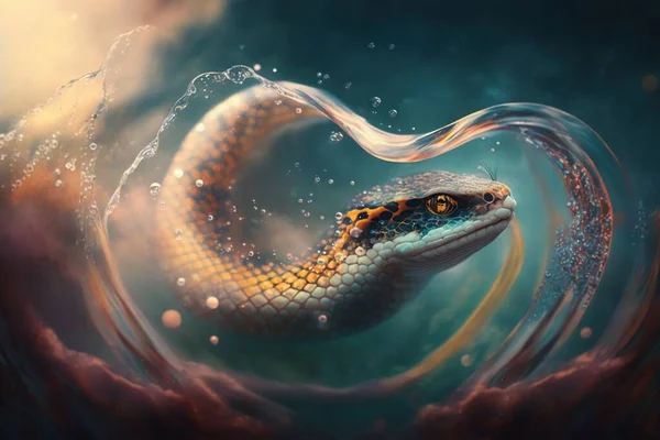 a painting of a snake in a body of water with a wave coming out of it\'s mouth and a sun shining in the background.