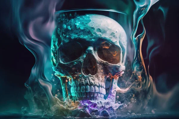 a skull in a glass of water with a lot of smoke coming out of the top of it and the bottom of the glass is blue.