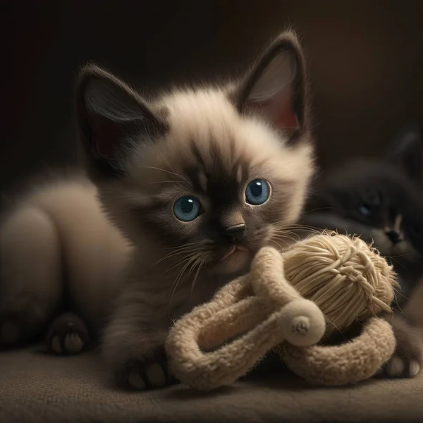 a kitten is playing with a toy on a couch next to another kitten on a pillow and another kitten is looking at the camera with a serious look on.