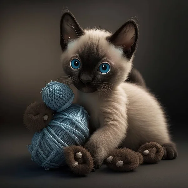 a kitten with blue eyes sitting next to a ball of yarn and a ball of yarn on the floor with a teddy bear in front of it.