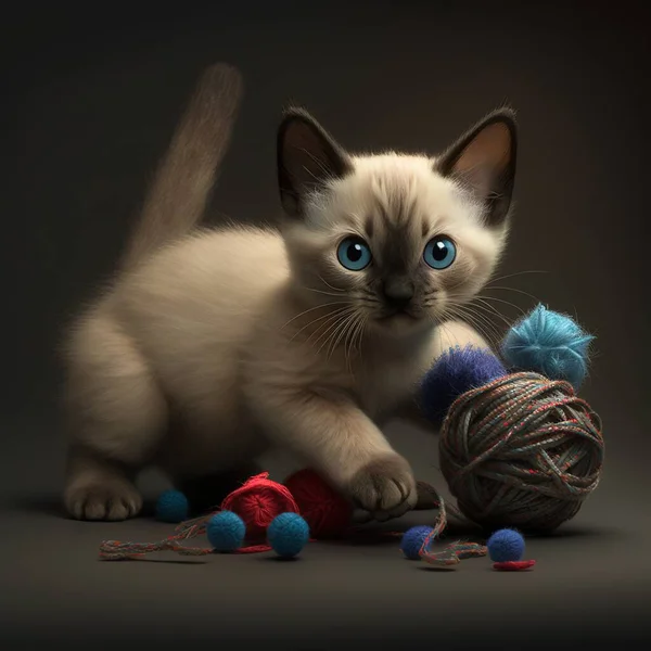 a kitten playing with a ball of yarn and a ball of yarn on the ground with a ball of yarn in front of it and a ball of yarn on the ground.