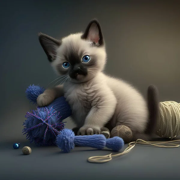 a kitten sitting on top of a ball of yarn next to a ball of yarn and a ball of yarn on the ground with a ball of yarn.