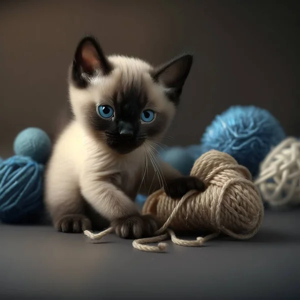 a kitten with blue eyes is playing with a ball of yarn and balls of yarn on a table with balls of yarn in the background.