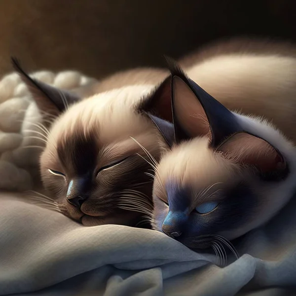 two siamese cats are sleeping on a blanket with their heads resting on each other\'s backs, with their eyes closed and their eyes closed.