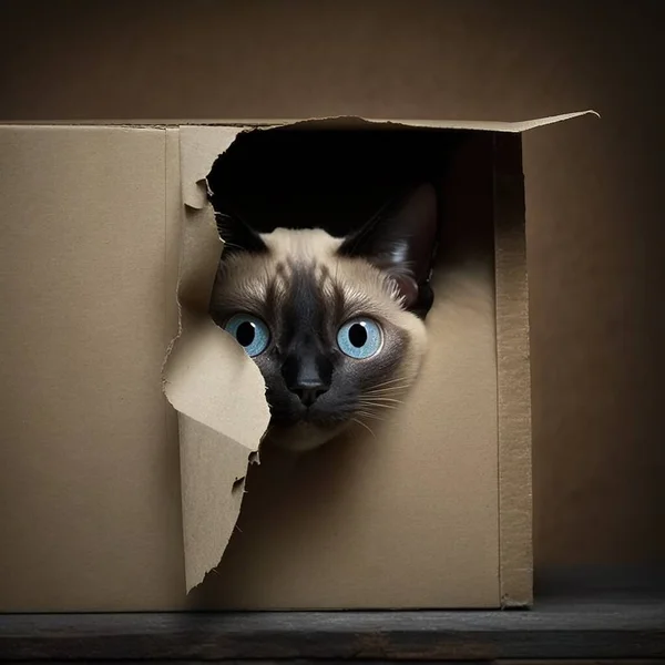 a siamese cat peeks out of a cardboard box with its head sticking out of it\'s opening, looking out of a hole.