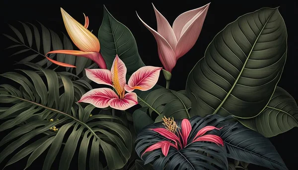 a painting of tropical flowers and leaves on a black background with a black background that has a black background with a white and pink flower.