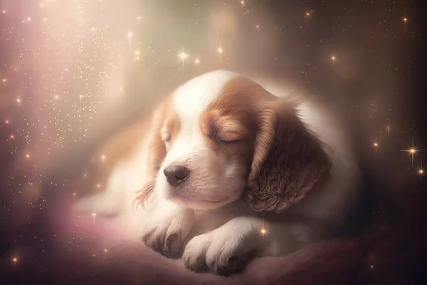 a puppy is sleeping on a blanket in the stars of the sky with his eyes closed and his head resting on his paw, with his eyes closed.