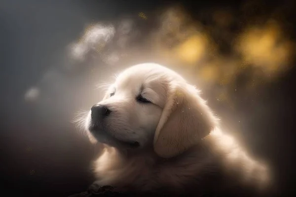 a white puppy is sleeping on a black background with a yellow light coming from behind it and a cloud of smoke in the air above it.