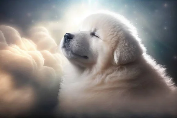 a white dog with its eyes closed in the sky with clouds and stars in the sky in the background, with a bright light shining behind it.