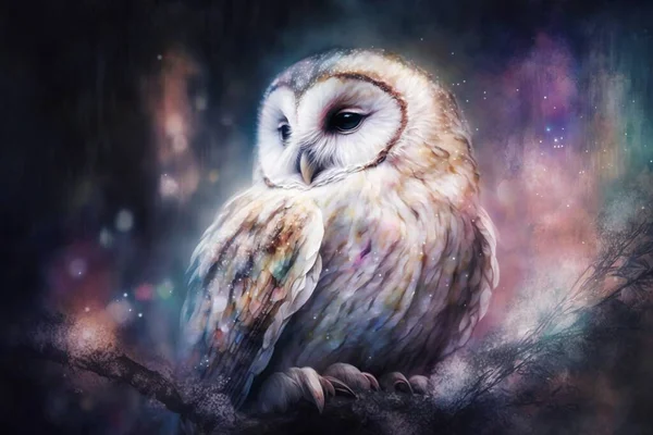 a painting of an owl sitting on a tree branch in the night sky with stars in the sky behind it and a colorful background of stars in the sky.