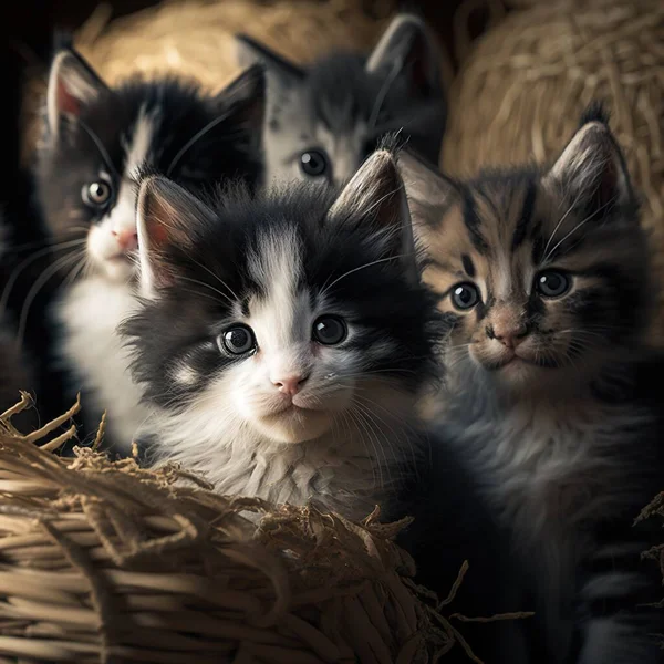 a group of kittens sitting next to each other on a bed of hay and straw bales with eyes wide open and looking at the camera.