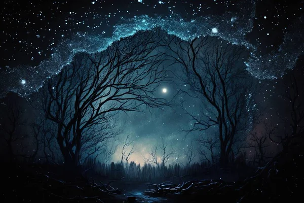 a painting of a night sky with stars and trees in the foreground and a stream running through the center of the picture, with a full moon in the distance.