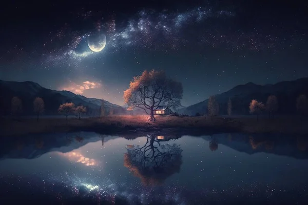 a lake with a tree and a house in the distance under a night sky filled with stars and a full moon with a reflection in the water.
