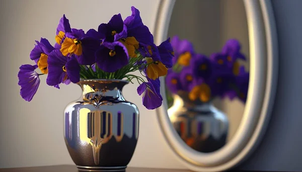 a vase with purple flowers in it sitting on a table in front of a mirror with a reflection of another vase in the back ground.