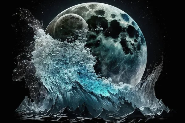a full moon and a wave in the ocean with water splashing on it\'s face and the moon in the sky above it.