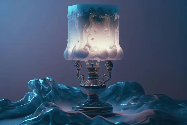 a lamp that is on a table with a blue light on top of the lamp is melting water and blue foam on the ground behind it.