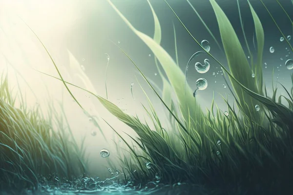 a painting of grass and water with drops of water on the grass and water droplets on the grass and water droplets on the water surface.