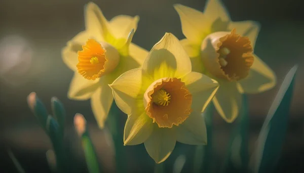 a group of yellow flowers with green stems in the foreground and a blurry background in the back ground of the image, with a blurry background.