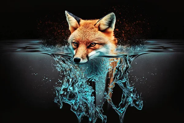 a red fox swimming in a body of water with a splash of water on it\'s face and a black background with a splash of water.