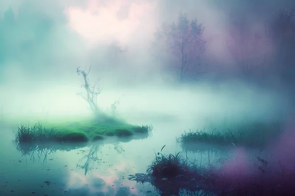 a body of water surrounded by fog and trees in the distance with a small island in the middle of the water and a few trees in the background.