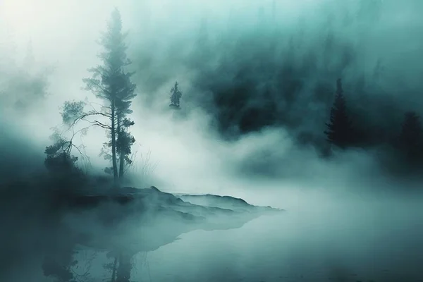 a foggy lake surrounded by trees in the middle of a forest on a foggy day with a lone tree in the foreground.