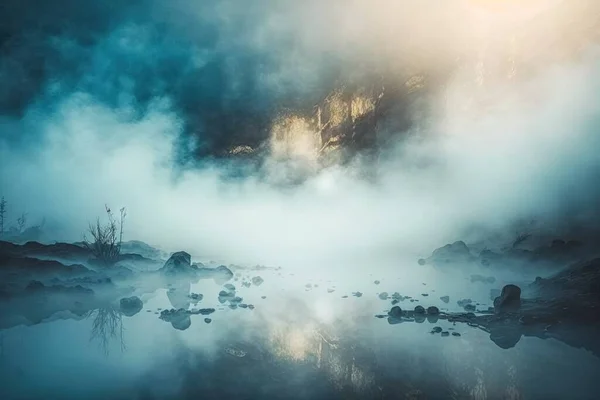 a body of water surrounded by fog and rocks in the middle of a forest with a mountain in the background and a sun shining through the fog.